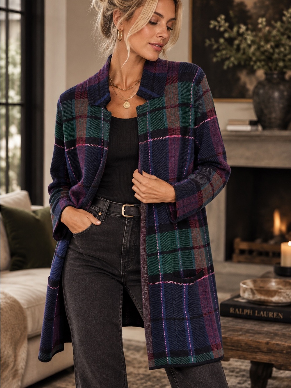 Talbots Pure Merino Wool Plaid Long Knit Cardigan